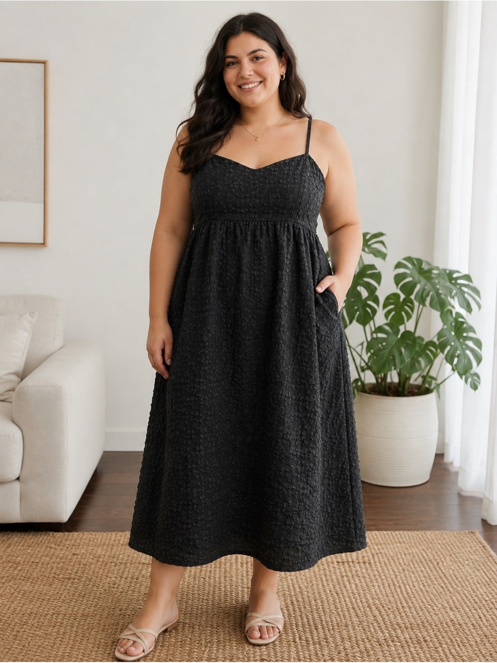 Black Textured Midi Sundress with Spaghetti Straps